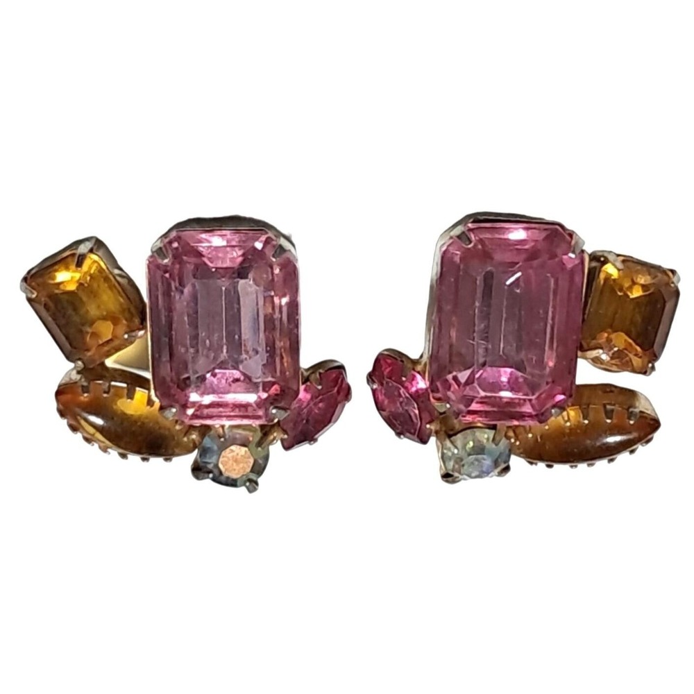 Vintage Pink Rhinestone Earrings Topaz Accents Aurora Borealis Clip Ons Costume